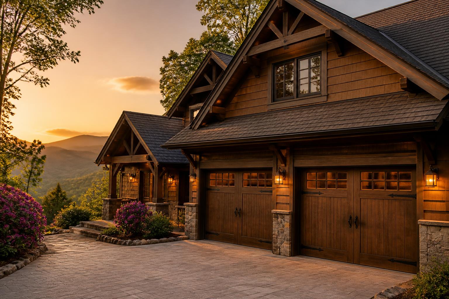 Craftsman home with modern carriage-style garage doors in North Asheville at golden hour, with a Grove Park Garage Door Repair technician and service truck
